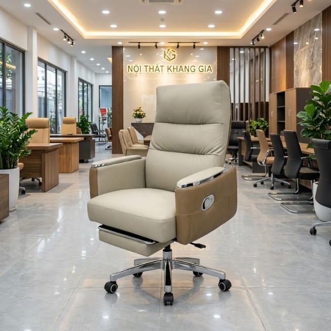 Ghế xoay giám đốc bọc da Pu màu kem có gác chân ngả lưng thư giãn: SG - 3809 - $hienthicat
